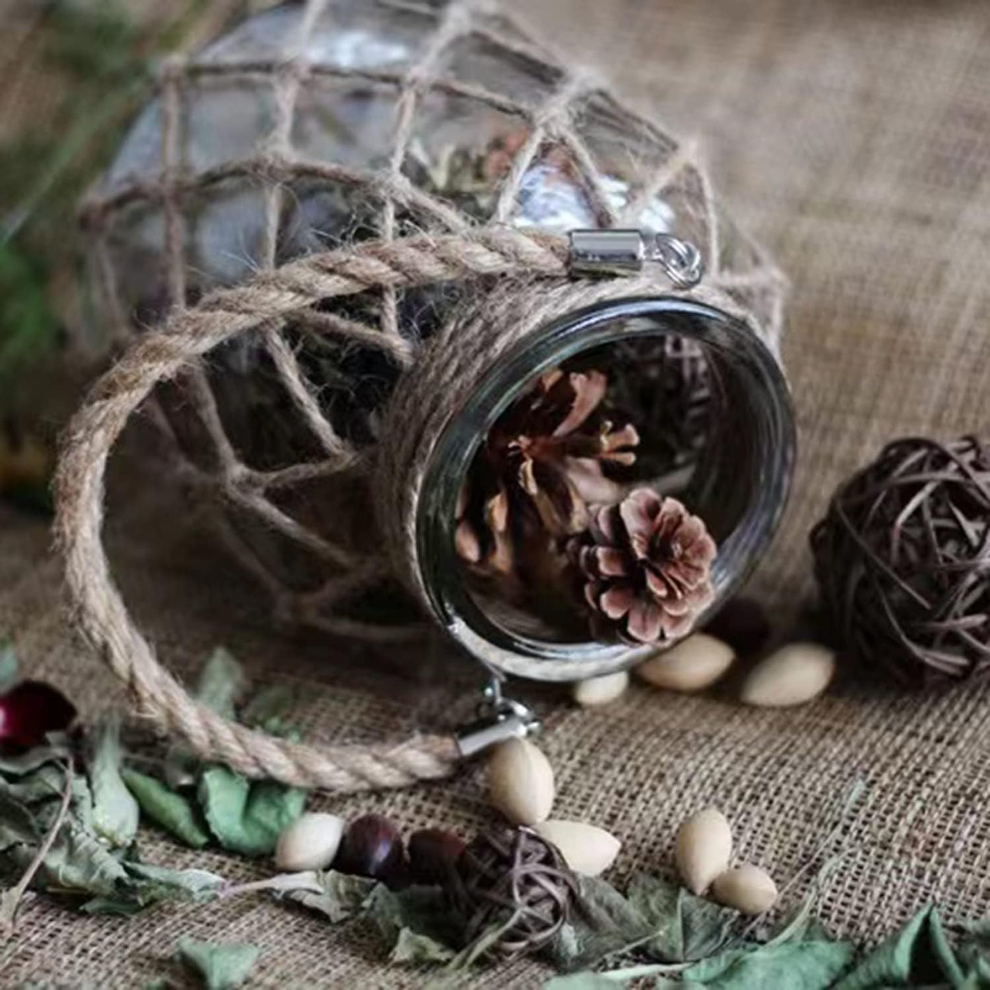 Rustic Hanging Mason Nautical Jar Creative Rope Net Dry Flower Glass Vase with Handle 6.5 Inch-VerdiqueGarden