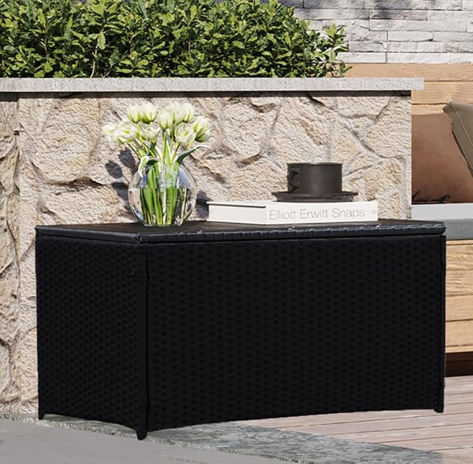 Outdoor 70 Gallon Wicker Storage Box with Waterproof Liner, Patio PE Rattan Storage Container for Outside, Deck Box with Hinged Lid for Cushions, Pillows, Towels, Horizontal Bin, Black-VerdiqueGarden