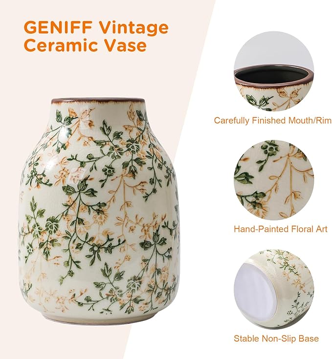 Rustic Vintage Ceramic Vase, 7.8 inch Beige and Green Decorative Vase, Aesthetic Farmhouse Pottery Vase for Home Decor, Living & Dining Room, Bookshelf, Office, TV Stand Table Decor-VerdiqueGarden