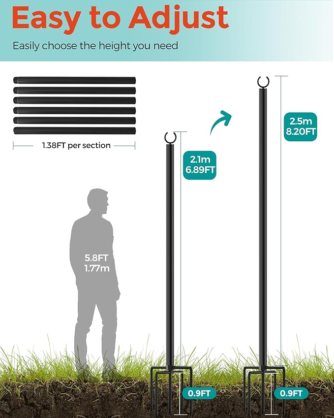 LAND·VOI 2 Pack String Light Poles, 9FT Heavy Duty Metal Light Poles for Outside String Lights, Outdoor Light Poles with 5 Prong Fork, Lighting Stand for Patio, Backyard, Garden, Deck, Black FLP12B-VerdiqueGarden