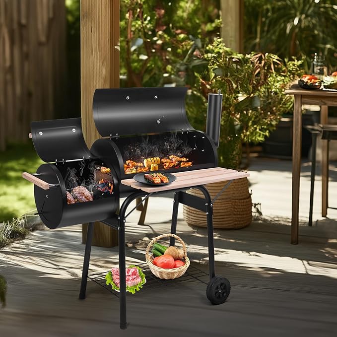 Outvita BBQ Charcoal Grill, Outdoor Patio Barbecue Cooker with Offset Smoker, Wheels and Tray for Balcony Picnics, Party and Camping-VerdiqueGarden