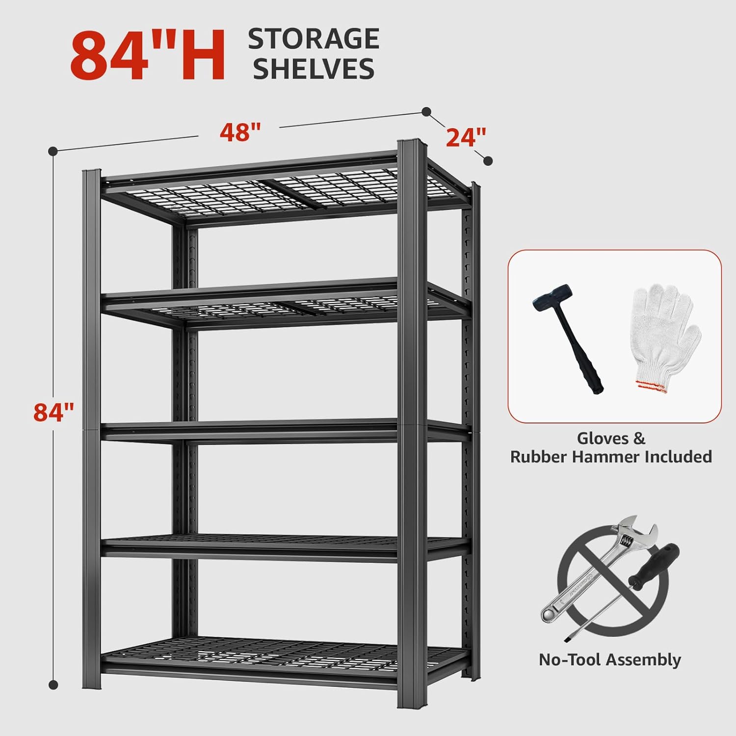 5 Tier Metal Shelving Unit 84" H x 48" W x 24" D, 3000LBS Adjustable Garage Shelves, Heavy Duty Storage Shelves for Warehouse, Basement, Kitchen, Pantry, Living Room, Black-VerdiqueGarden