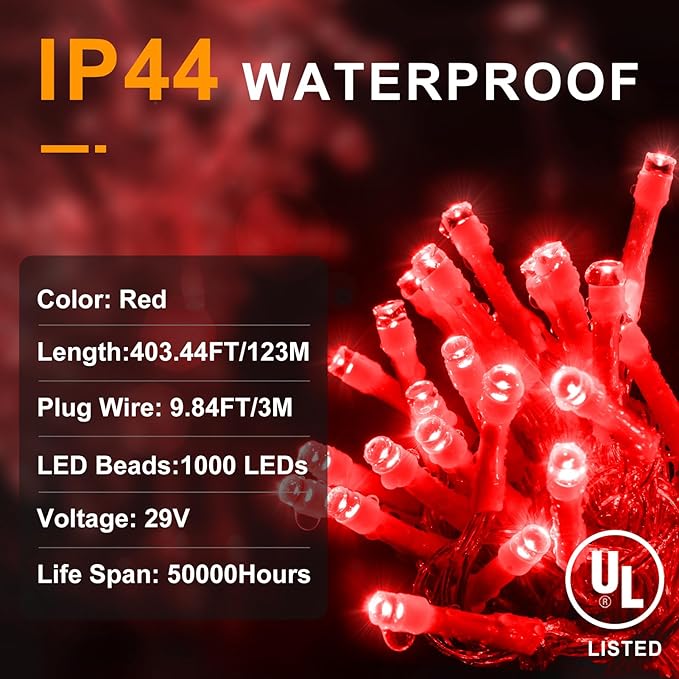 KNONEW 403ft 1000 LED String Lights Outdoor Christmas Lights 8 Modes & Timer Fairy Light Plug in Waterproof LED String Lights for Xmas Yard Tree Wedding Party Holiday Decorations (Red)-VerdiqueGarden