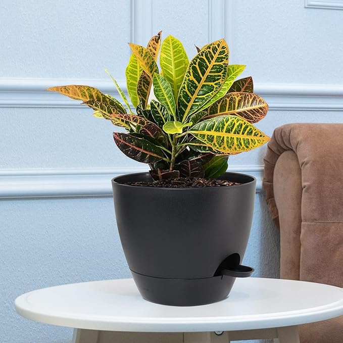 10/9/8 inch Self Watering Pots, Set of 3 Plastic Planters with Mesh Drainage Holes and Deep Reservoir for Indoor Outdoor Garden Plants and Flowers, Black-VerdiqueGarden