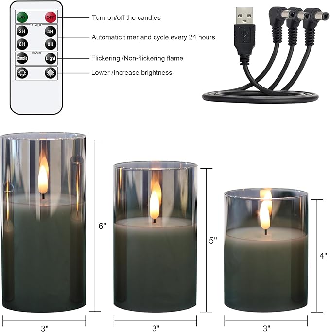 Glass Rechargeable Flameless Candles with Remote Timer, Realistic 3D Wick LED Battery Operated Candles with Flickering Flame,Home Decoration for Wedding Birthday Festival(Grey)-VerdiqueGarden