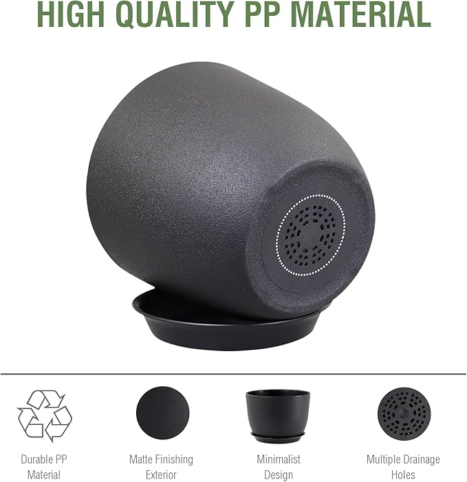 12 inch Large Plant Pots, Plastic Planters with Drainage Holes and Saucers, Flower Pots for Indoor Outdoor Plants, Modern Decorative Pots for Garden House Plants, Black-VerdiqueGarden