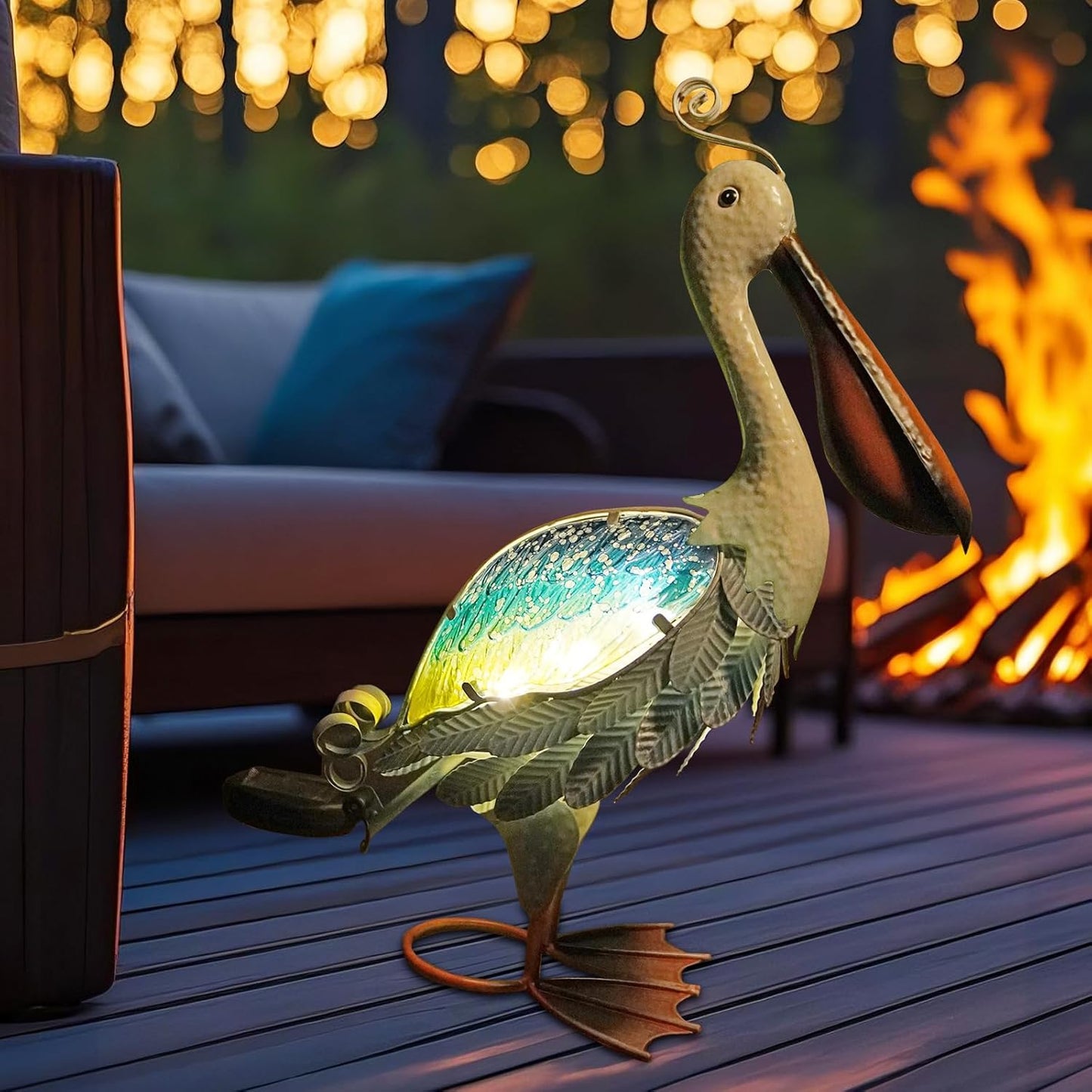 HONGLAND Solar Metal Pelican Statues Garden Sculpture & Statues, 19 Inch Glass Outdoor Pelican Yard Art Coastal Ocean Bird Decor Lawn Ornament for Backyard Porch Patio Decor（Blue-Green）-VerdiqueGarden