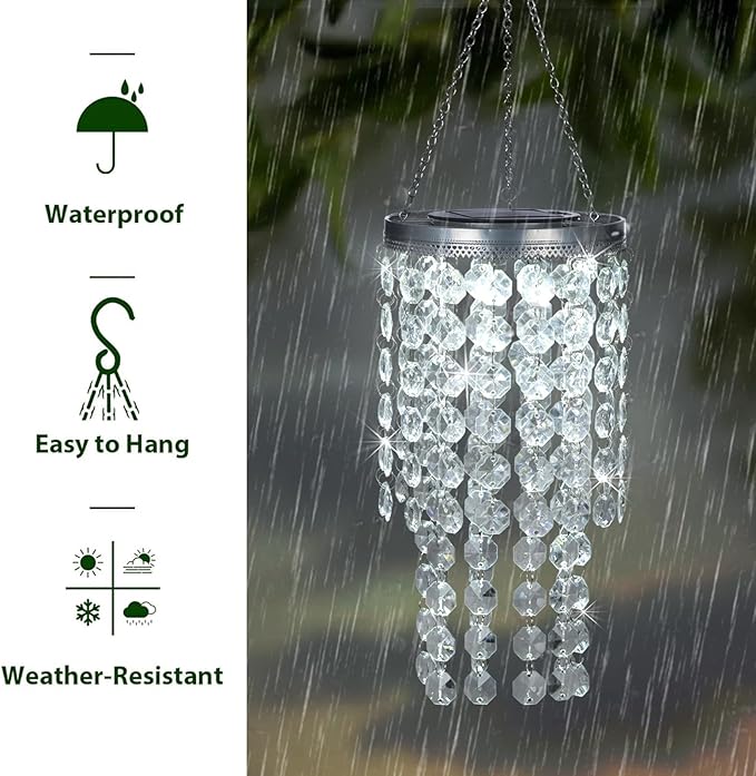 Hanging Solar Crystal Chandelier Outdoor, 21” Modern Solar Transparent Acrylic Beaded Lantern with Cool White LED S Hooks for Garden Yard Patio Gazebo Outside Decor-VerdiqueGarden