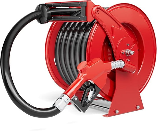 Fuel Hose Reel 1" x 50FT Extra Long Retractable Diesel Reel 300 PSI Auto Swivel Rewind Diesel Hose Reel with Fueling Nozzle Industrial Carbon Steel for Vehicle Tank Truck Trailer Ship, Red-VerdiqueGarden