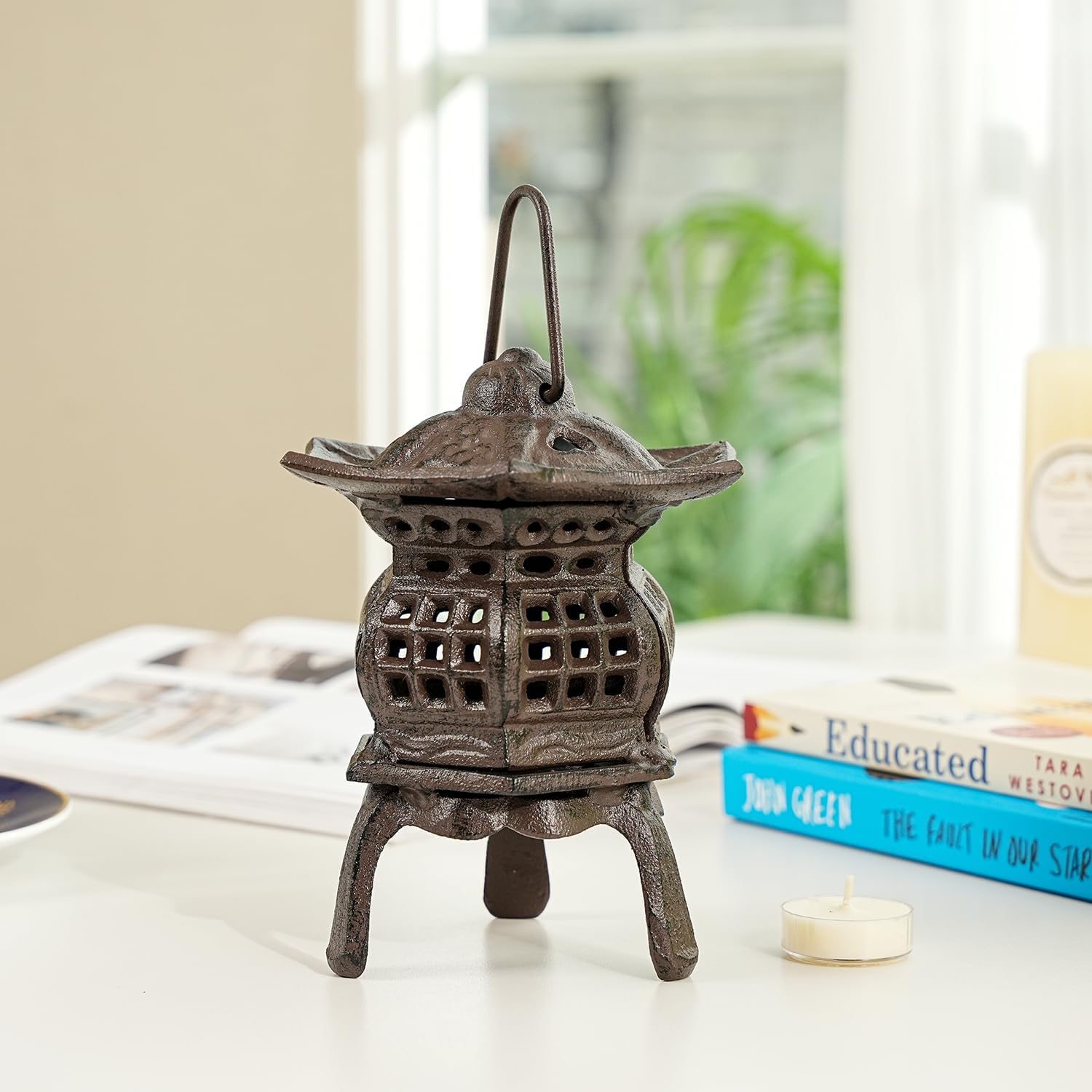 Sungmor Cast Iron Candle Holder, Decorative Garden Hanging Lantern, Vintage Tabletop Tealight Candle Holder, Home Porch Patio Decor, Candle Stand for Votive Candle, Flameless Candle-VerdiqueGarden