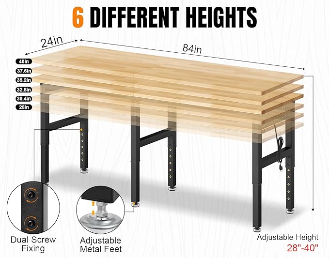 84” Adjustable Height Workbench, 5000 LBS Heavy Duty Table Rubber Wood Workstation with Power Outlet & Pegboard for Garage, Office, Workshop, Home,Commercial-VerdiqueGarden