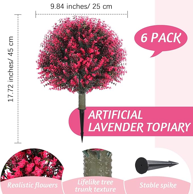Yunlly 6 Pcs 18 Inch Artificial Boxwood Ball Topiary Tree Fake Outdoor Plants Bush, UV Resistance Faux Shrubs with Spike Realistic Greenery Potted for Indoor Garden Yard Porch Patio Decor (Rose Red)-VerdiqueGarden