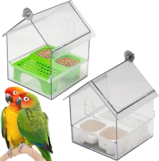Ziveseller/Sowhathow Pull-Out External Parrot Feeder, Parrot Feeder Parakeet House Bird Bath Transparent Dish Water, Hanging Wild Bird Seed with Squirrel Proof Tray (Mix*2)-VerdiqueGarden