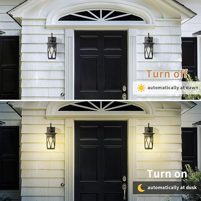 JYZ Dusk to Dawn Outdoor Wall Lantern, Craftsman Style Exterior Sconce Light with Water Ripple Glass, Traditional Porch Light Fixture Wall Mount Lamp for Front Porch Doorway Garage Patio Garden-VerdiqueGarden