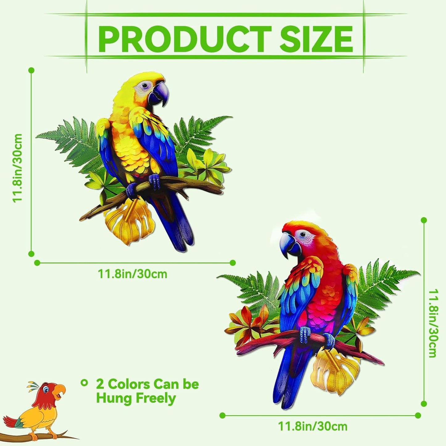 ULENDIS 2 Pack Metal Parrot Wall Decor, 11.8" Bright Color Tropical Bird Macaw Outdoor Wall Art Patio Fence Decorations, Hanging Bird Decor for Garden Yard Living Room Bedroom Balcony-VerdiqueGarden