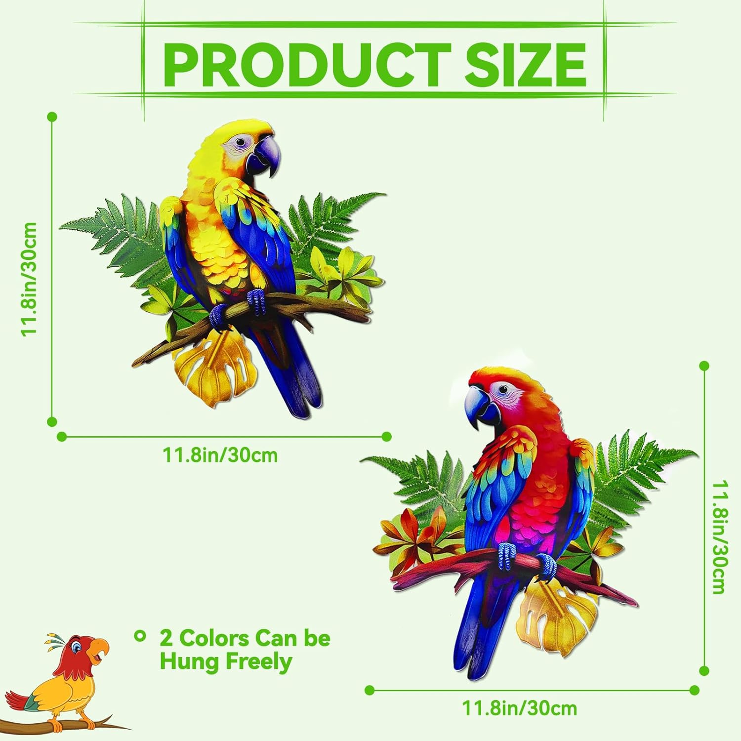 ULENDIS 2 Pack Metal Parrot Wall Decor, 11.8" Bright Color Tropical Bird Macaw Outdoor Wall Art Patio Fence Decorations, Hanging Bird Decor for Garden Yard Living Room Bedroom Balcony-VerdiqueGarden