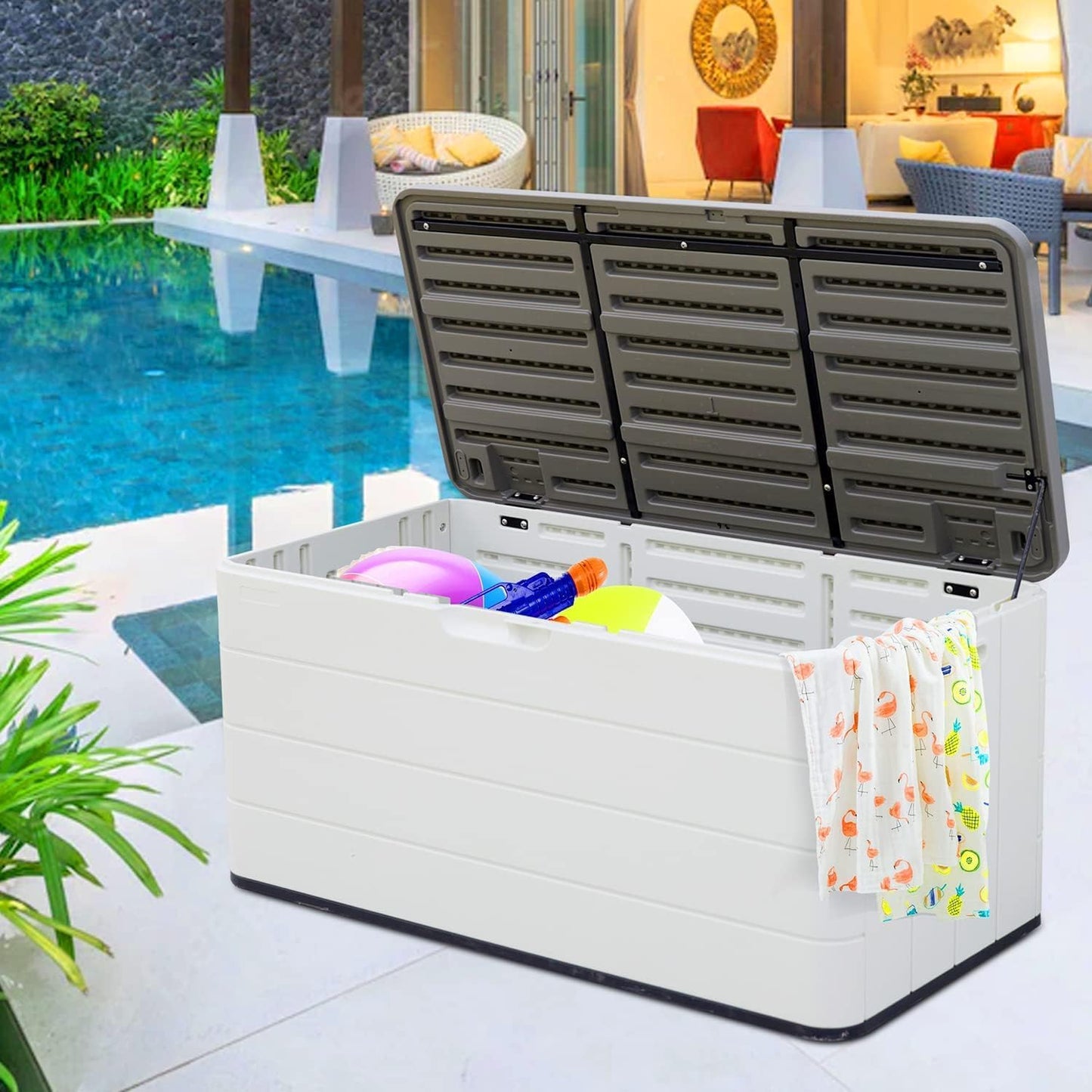 100 GAL Resin Deck Box - Lockable Waterproof Outdoor Storage Bench for Patio Cushions, Garden Tools & Pool Accessories - Wood-Look Texture, White-VerdiqueGarden