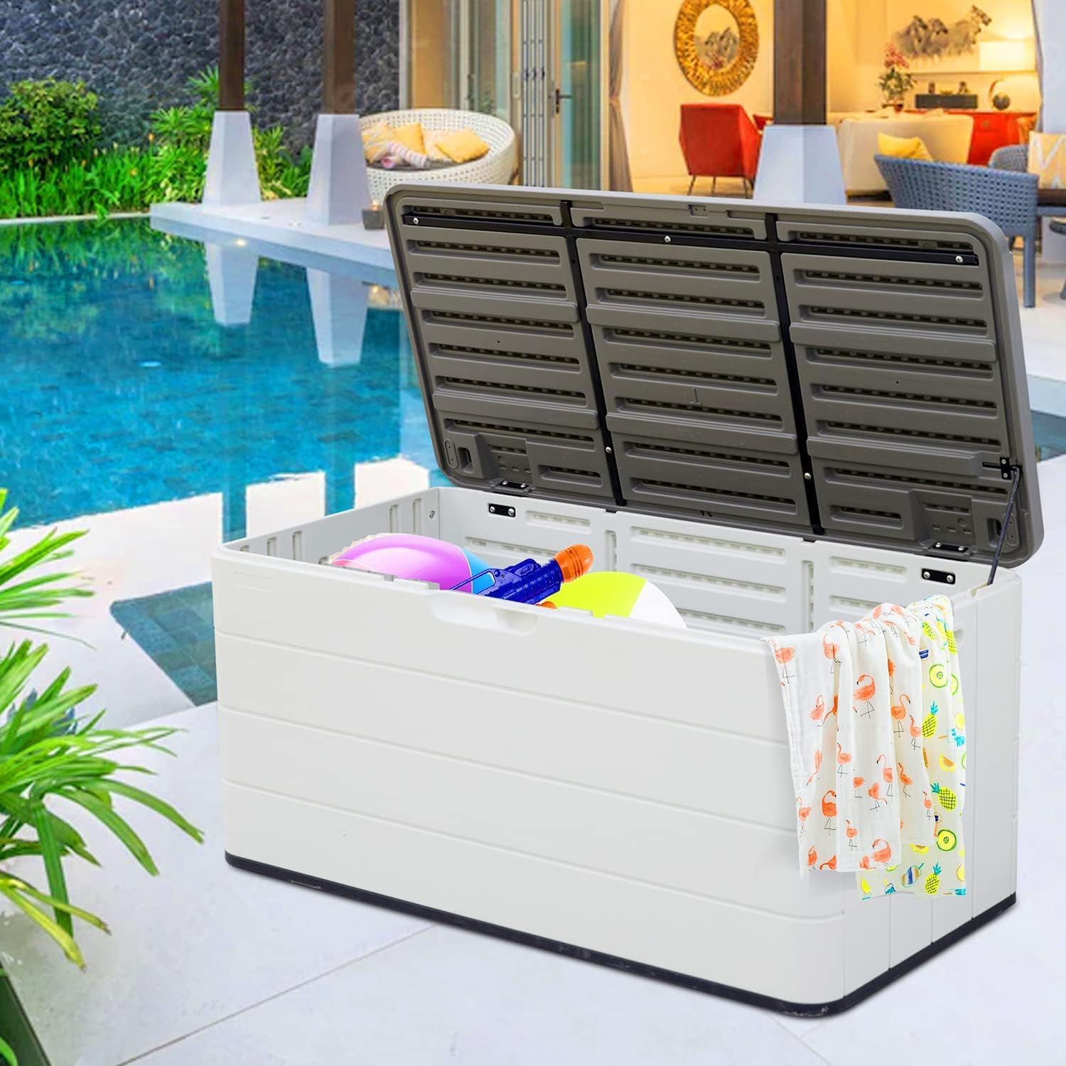 100 GAL Resin Deck Box - Lockable Waterproof Outdoor Storage Bench for Patio Cushions, Garden Tools & Pool Accessories - Wood-Look Texture, White-VerdiqueGarden