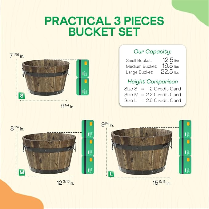 IDZO Set of 3 Wooden Flower Planters for Outdoor Plants, Acacia Wood Barrel Planters, Ergonomic Handles, Drainage Holes, Various Sizes, Walnut-VerdiqueGarden