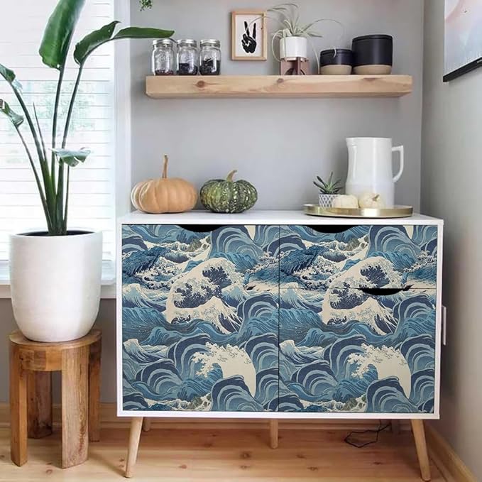 Hand Drawn Blue Sea Wave Reef Peel and Stick Wallpaper Self Adhesive Removable Easy Peel Off Stick on Wall Paper for Bedroom Cabinet Renter Friendly-VerdiqueGarden