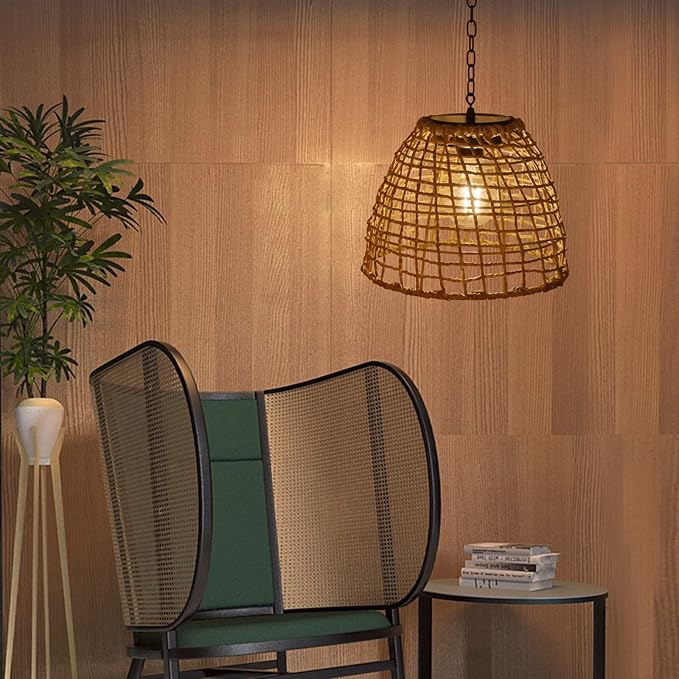 Vintage Rattan Basket Shade Solar Lantern Hanging Lighting Country Style Pendant Light Patio Garden Farmhouse Decoration Rustic Handmade Rattan Pendant Lamps.-VerdiqueGarden