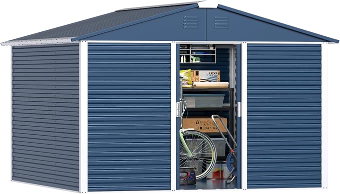 Metal Outdoor Storage Shed 10FT x 10FT, Steel Utility Tool Shed Storage House with Sliding Door, Metal Sheds Outdoor Storage for Backyard Garden Patio Lawn, Blue-VerdiqueGarden