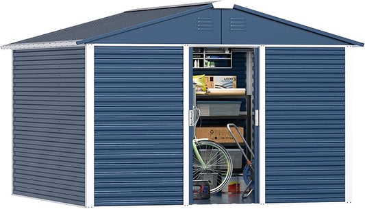 Metal Outdoor Storage Shed 10FT x 10FT, Steel Utility Tool Shed Storage House with Sliding Door, Metal Sheds Outdoor Storage for Backyard Garden Patio Lawn, Blue-VerdiqueGarden