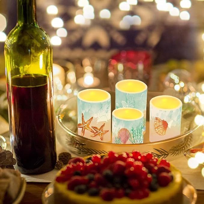 Beach Flameless Candles Battery Powered with Multicolor Timer Remote Control Everlasting Fake Candles for Coastal Marine Garden Indoor Outdoor Decor, Starfish Seashell Coral-VerdiqueGarden