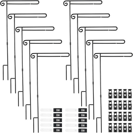 10 Pack Garden Flag Stand with Flag Stoppers and Clips, Black Powder Coated Weather Proof Garden Flag Pole Holder for Outdoor Garden Flag (Classic Style, 15.2 x 33.1 Inch)-VerdiqueGarden