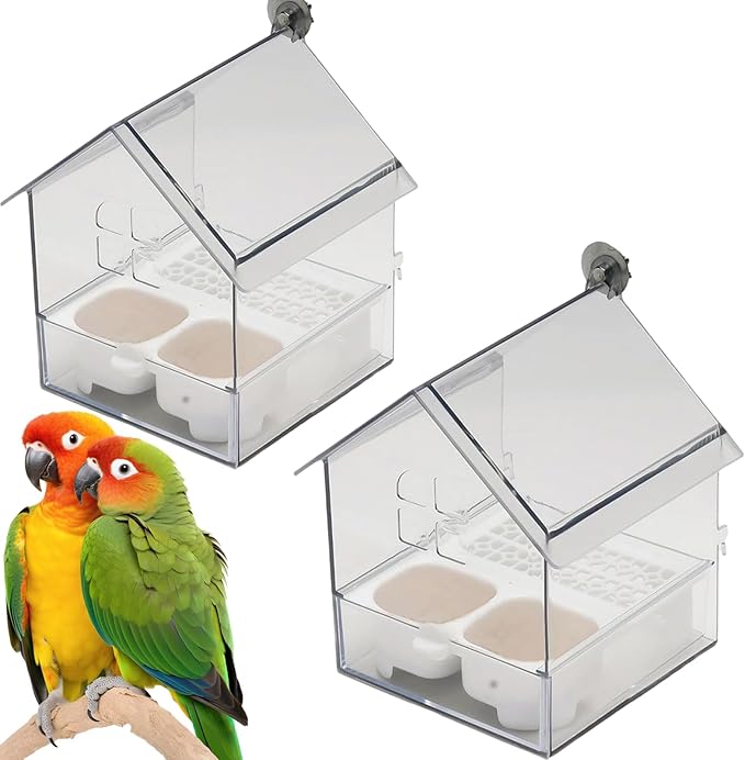Ziveseller/Sowhathow Pull-Out External Parrot Feeder, Parrot Feeder Parakeet House Bird Bath Transparent Dish Water, Hanging Wild Bird Seed with Squirrel Proof Tray (White*2)-VerdiqueGarden