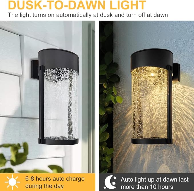 Solar Outdoor Wall Lights Fixture Set of 2 Porch Lights Crackled Glass Diffuser with Warm White LED-VerdiqueGarden