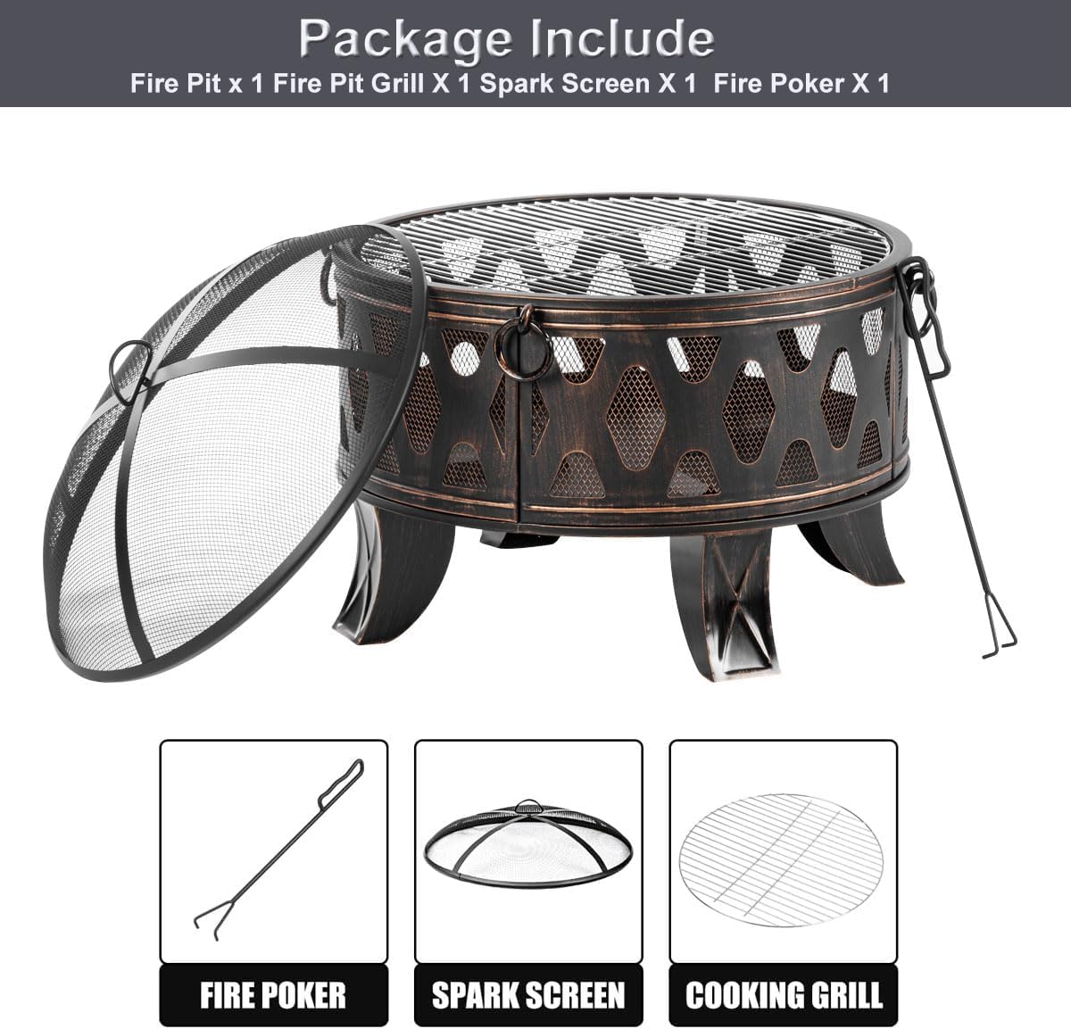 Breezz 26 Inch Wood Burning Fire Pit with Cooking Grill and Spark Screen, Outdoor Metal Round Firepit for Patio, Backyard, Bonfire Party, Camping and Garden-VerdiqueGarden