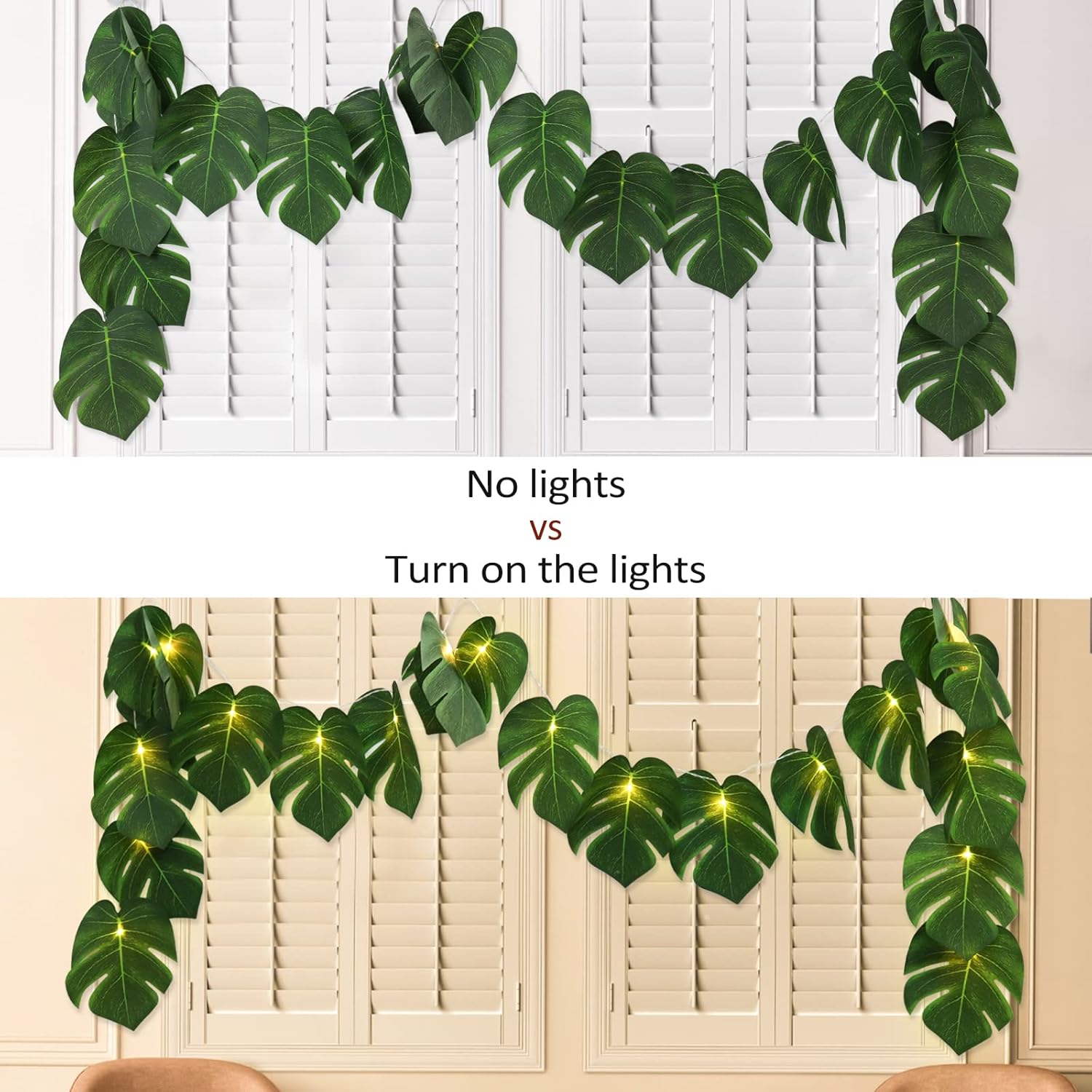 RECUTMS 2 Pack Artificial Tropical Palm Leaves String Lights, Large Size 20 LED Monstera Green Leaf Hanging Vine Greenery,Indoor Hawaiian Luau Jungle Beach Safari Baby Shower Party Spring Summer Decor-VerdiqueGarden