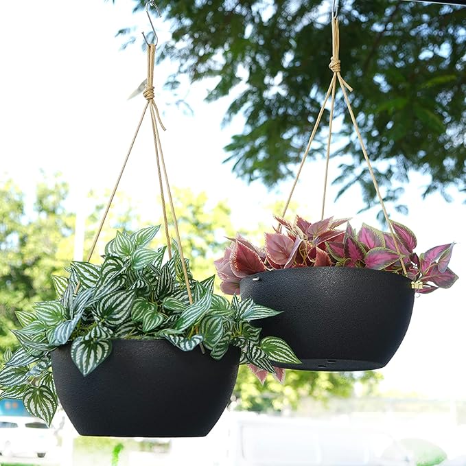 12 Inch 2 Pack Large Hanging Planters for Indoor Outdoor Plants, Plastic Hanging Basket Pots for House Plants Flowers, Black-VerdiqueGarden