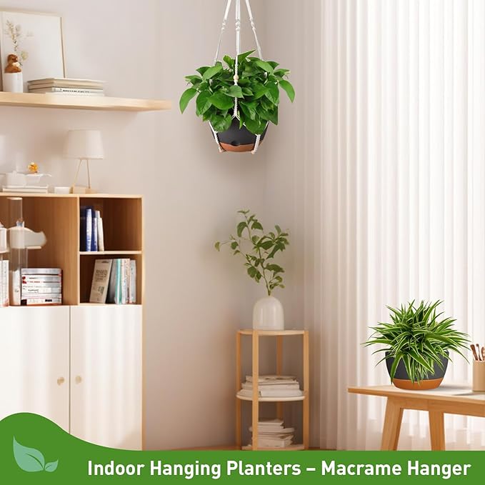 10 Inch Hanging Planters for Indoor & Outdoor Use (2 Pack) - Self-Watering & Drainage Flower Pots with Chain & Macrame Hangers (Deep Gray, 10 in)-VerdiqueGarden