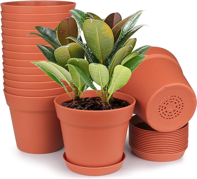 Homenote Pots for Plants, 15 Pack 6 Inch Plastic Planters with Multiple Drainage Holes and Tray - Plant Pots for All Home Garden Flowers Succulents (Terra Cotta)-VerdiqueGarden