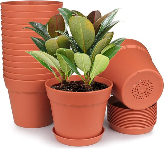 Homenote Pots for Plants, 15 Pack 6 Inch Plastic Planters with Multiple Drainage Holes and Tray - Plant Pots for All Home Garden Flowers Succulents (Terra Cotta)-VerdiqueGarden