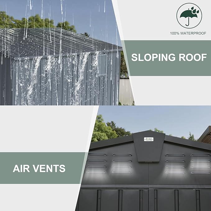 Domi Outdoor Storage Shed 11' x 12.5', Metal Sheds Steel Utility Tool Storage House with Double Lockable Doors & Air Vents for Patio Garden Lawn Backyard, Dark Gray-VerdiqueGarden