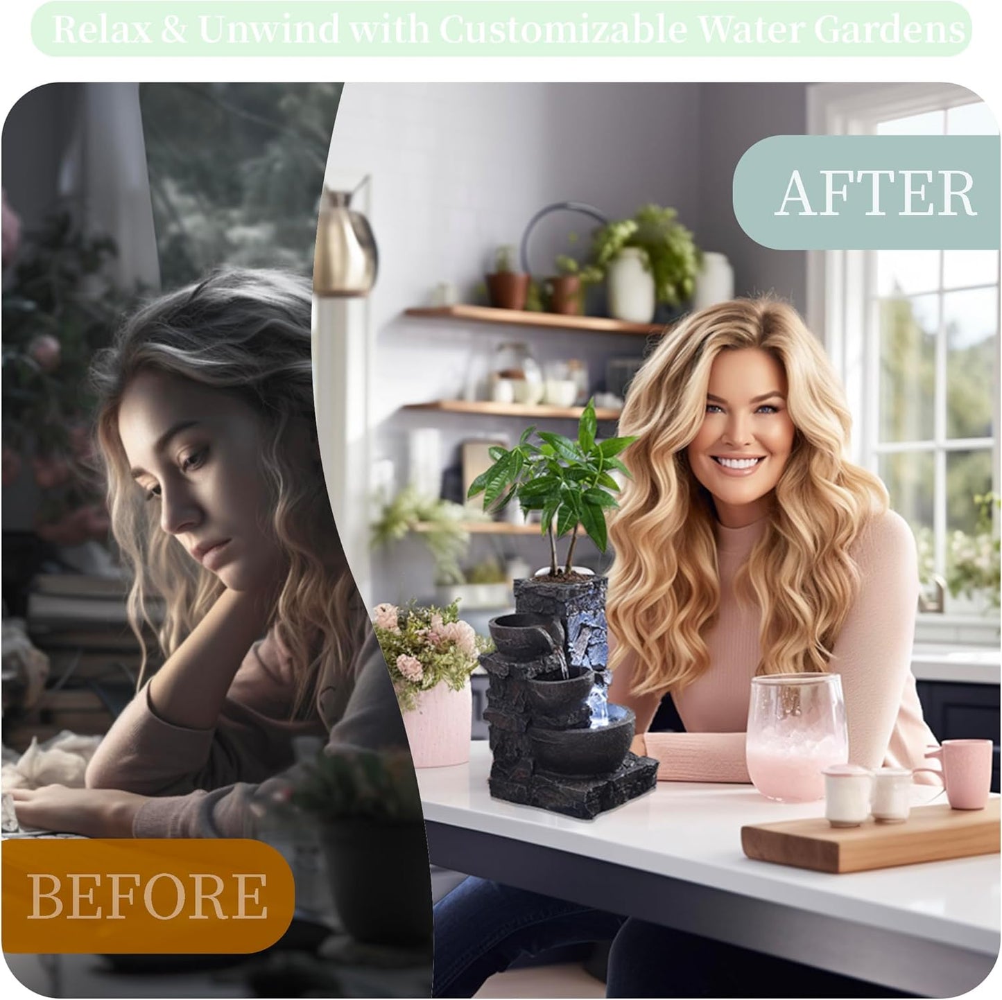 Indoor Tabletop Fountain Waterfall Meditation Exquisite Meditation Desk Water Decorative Zen Fountain Office and Home Decoration Grow Plant/Herbs by Yourself-VerdiqueGarden