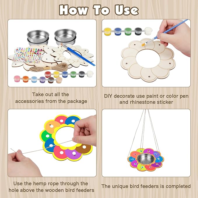 Fennoral 4 Pack Bird Feeder Kits for Kids Make Your Own Bird Feeders Wooden Art and Craft for Girls Boys Ornaments DIY to Paint Bird Feeders Craft for Spring Garden Outdoor Summer Activities Project-VerdiqueGarden