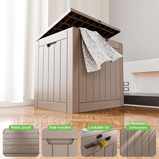 30 Gallon Outdoor Deck Box,Storage Lockable Waterproof Patio Furniture,Garden Tools,Cushions,Pool Accessories Outside Storage Resin Box(Grey)-VerdiqueGarden