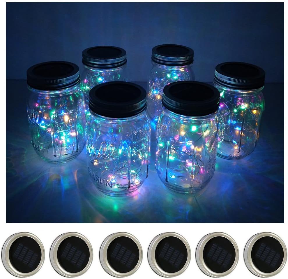 Decorman Solar Mason Jar Lid Lights, 6 Pack 10 LED Waterproof String Fairy Star Firefly Jar Lids Lights for Patio Garden Yard Lawn Party Wedding Christmas Decoration(Jars & Hangers Not Included)-VerdiqueGarden