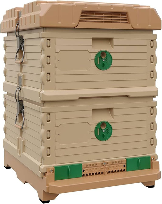Ergo Insulated 10 Frame Bee Hive Set [NO Frames Included] (Double Deep, Tan Body Green Entrance)-VerdiqueGarden