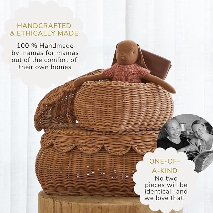 BEBE BASK The Original Scalloped Basket Set Of 2 - Small Scallop Basket - 15 x 10 x 6 In - Hand-Woven & Award-Winning - Elegant Wicker With Scalloped Edge Lid - Nursery Storage - (Mocca)-VerdiqueGarden