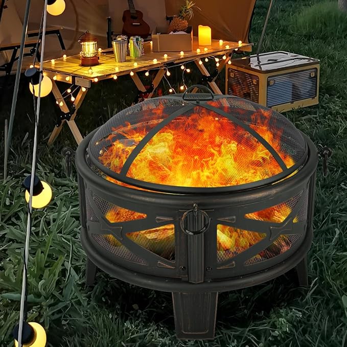 Breezz 26 Inch Wood Burning Fire Pit with Cooking Grill and Spark Screen, Outdoor Metal Round Firepit for Patio, Backyard, Bonfire Party, Camping-VerdiqueGarden