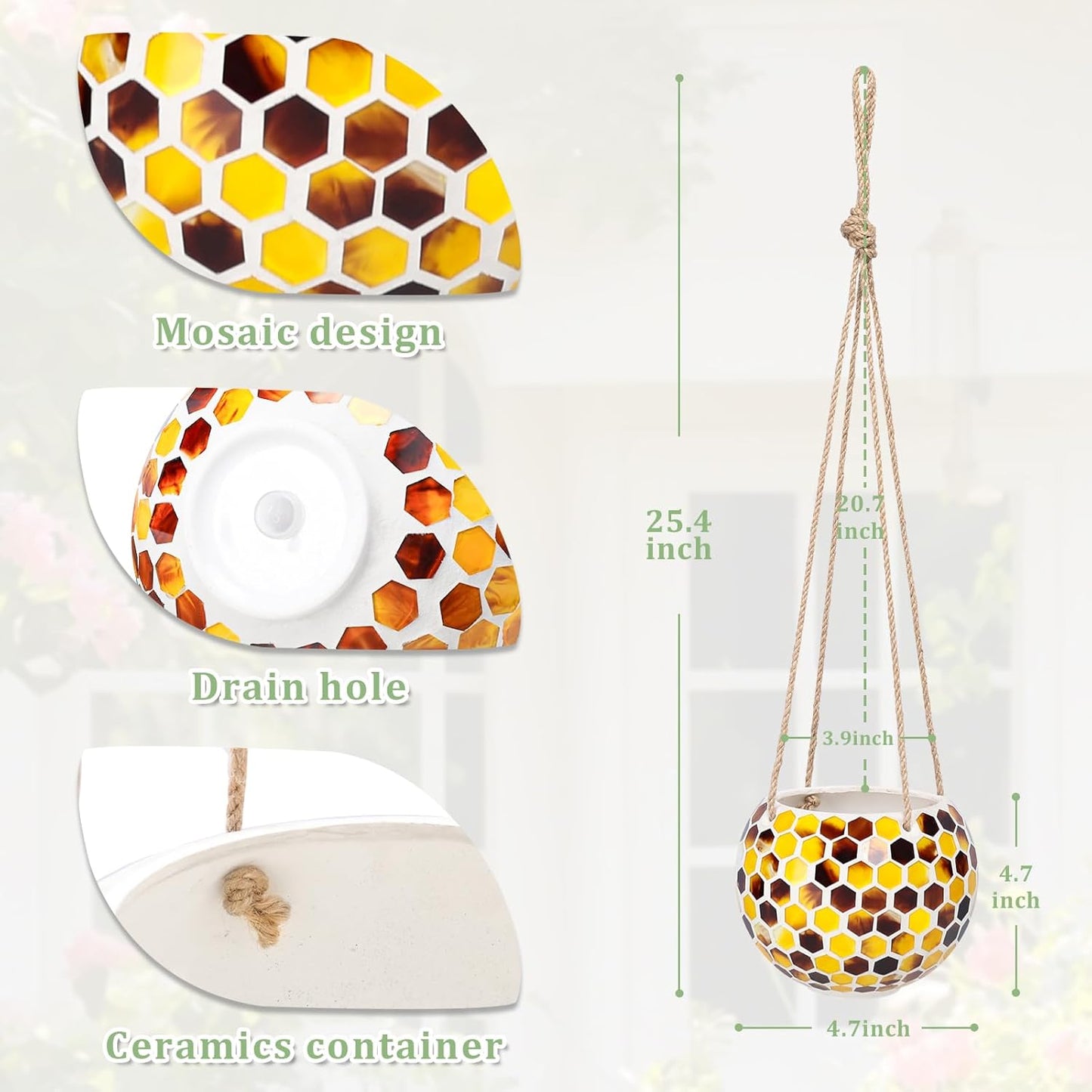 Hanging Planter Mosaic Garden Pot Small Flower Pot for Indoor Plant Disco Ball Hanging Planter with Drainage Yellow Bee-VerdiqueGarden