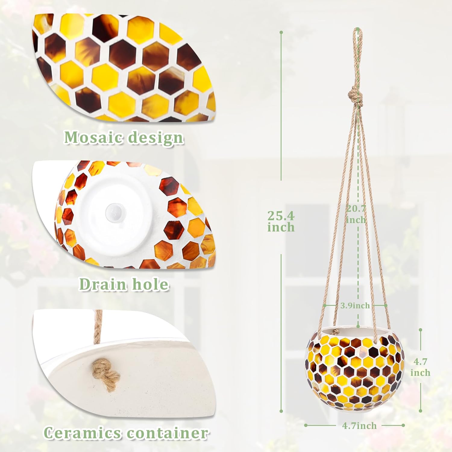 Hanging Planter Mosaic Garden Pot Small Flower Pot for Indoor Plant Disco Ball Hanging Planter with Drainage Yellow Bee-VerdiqueGarden