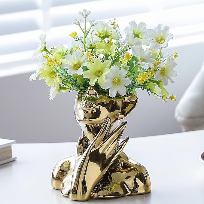 BrownLove Golden Ceramic Face Vase, Modern Golden Decorative Art Vase, Bookshelf Placed On The Desktop, Small Living Room, Office and Bedroom-VerdiqueGarden