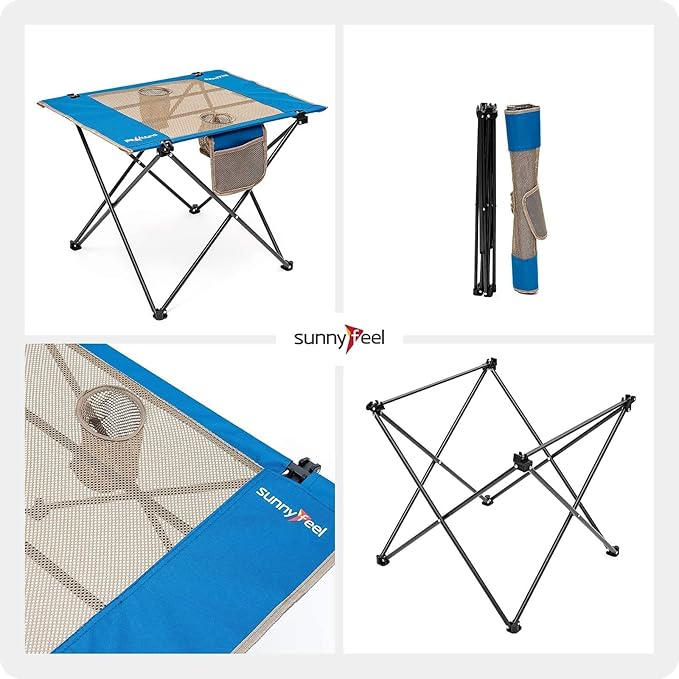 SUNNYFEEL Outdoor Folding Table | Lightweight Mesh Compact Camping Table, Roll Up Top 2 People Portable Camp Tables with Carry Bag for Picnic/Cooking/Beach/Travel/BBQ-VerdiqueGarden