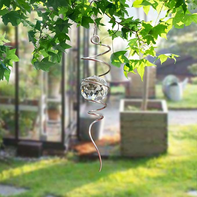 FONMY Gazing Ball Spiral Tail -Decorative Wind Spinner Sun Catcher 11 inch Tail and 2 inch Clear Crystal Orb. Indoor Outdoor Garden Decoration -13 inch Height-VerdiqueGarden